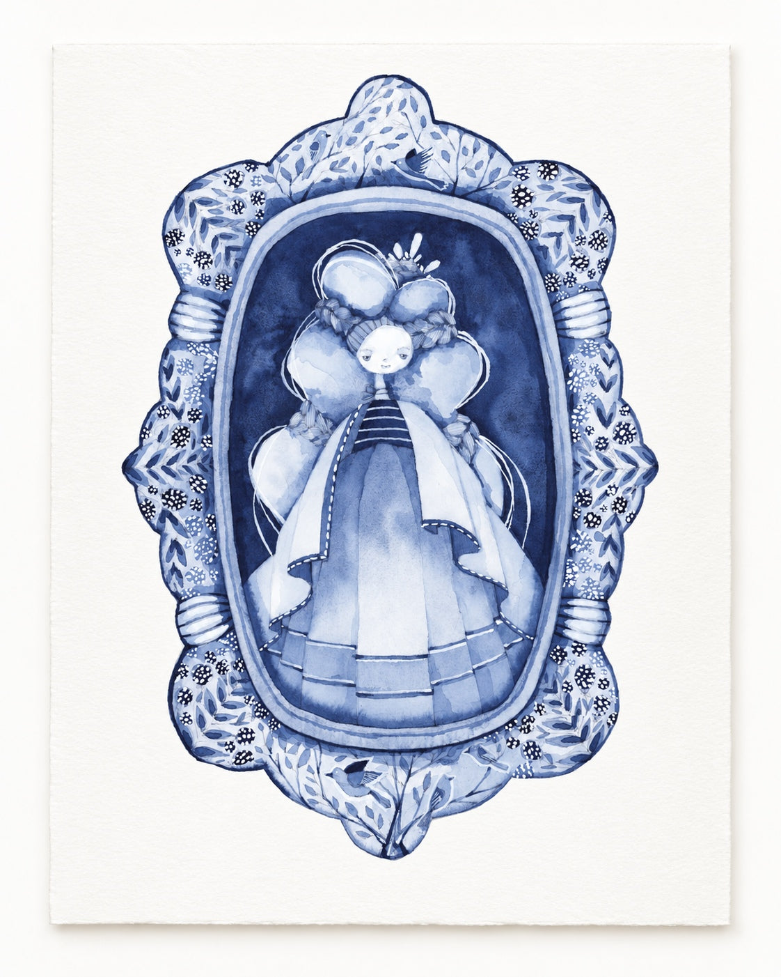 Original blue watercolor illustration of a storybook girl framed by an ornate platter-inspired border on watercolor paper