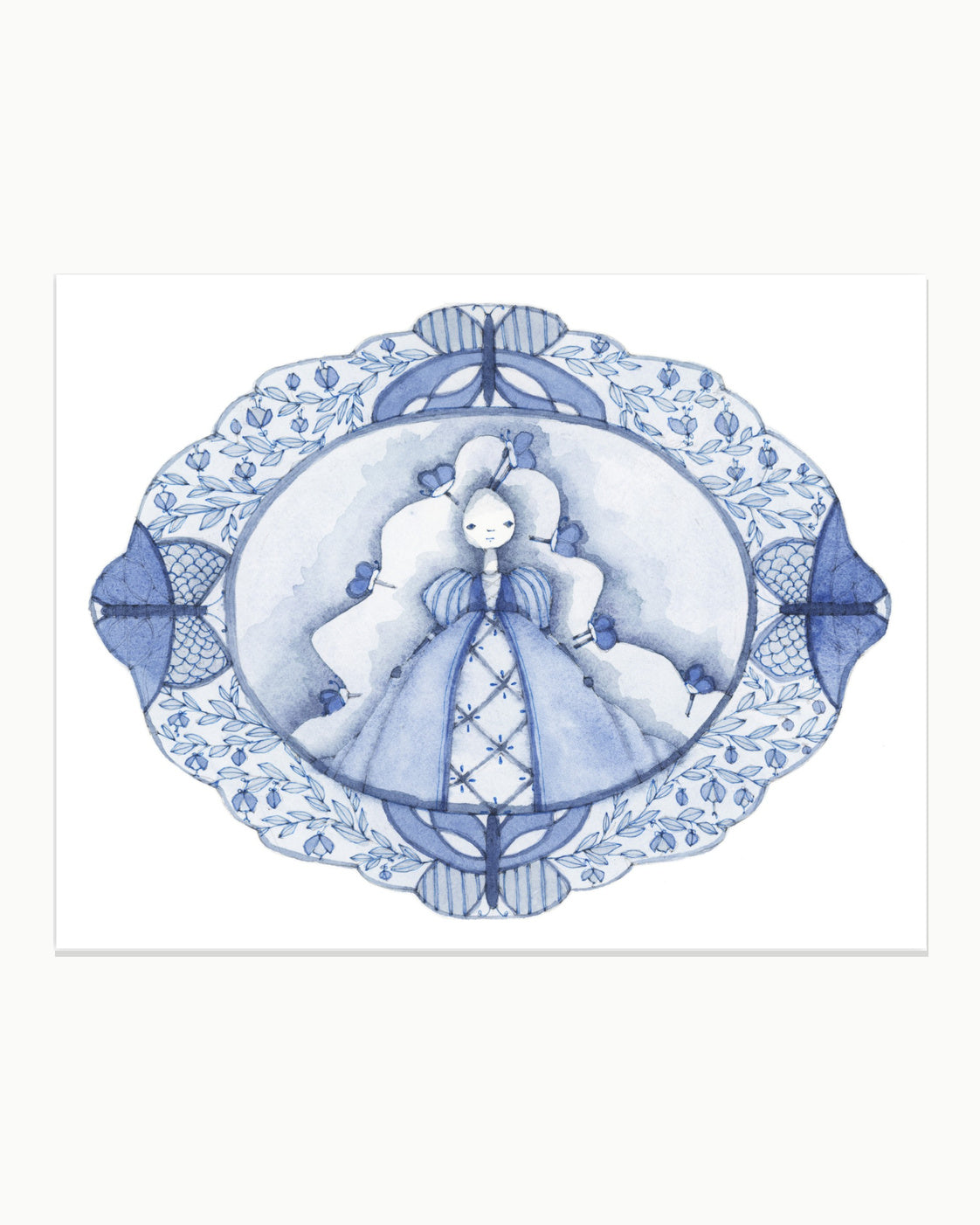 Original blue watercolor illustration of a storybook girl resting inside an ornate platter-inspired floral border on watercolor paper