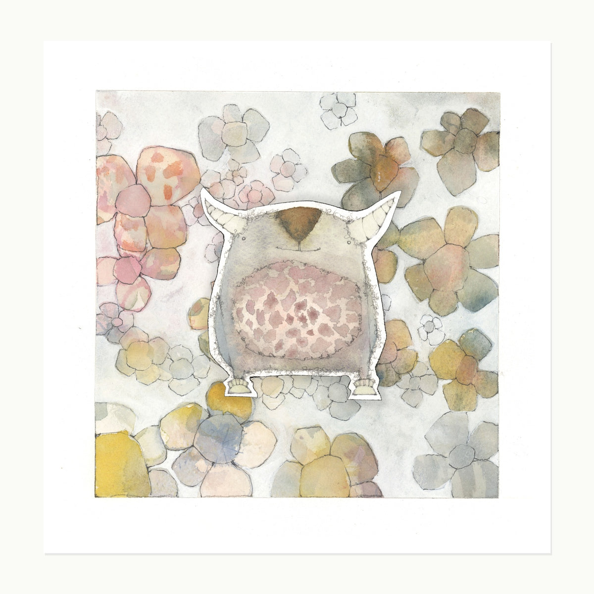 Original watercolor illustration of Tipsycookie, a horned creature layered over a painted floral background