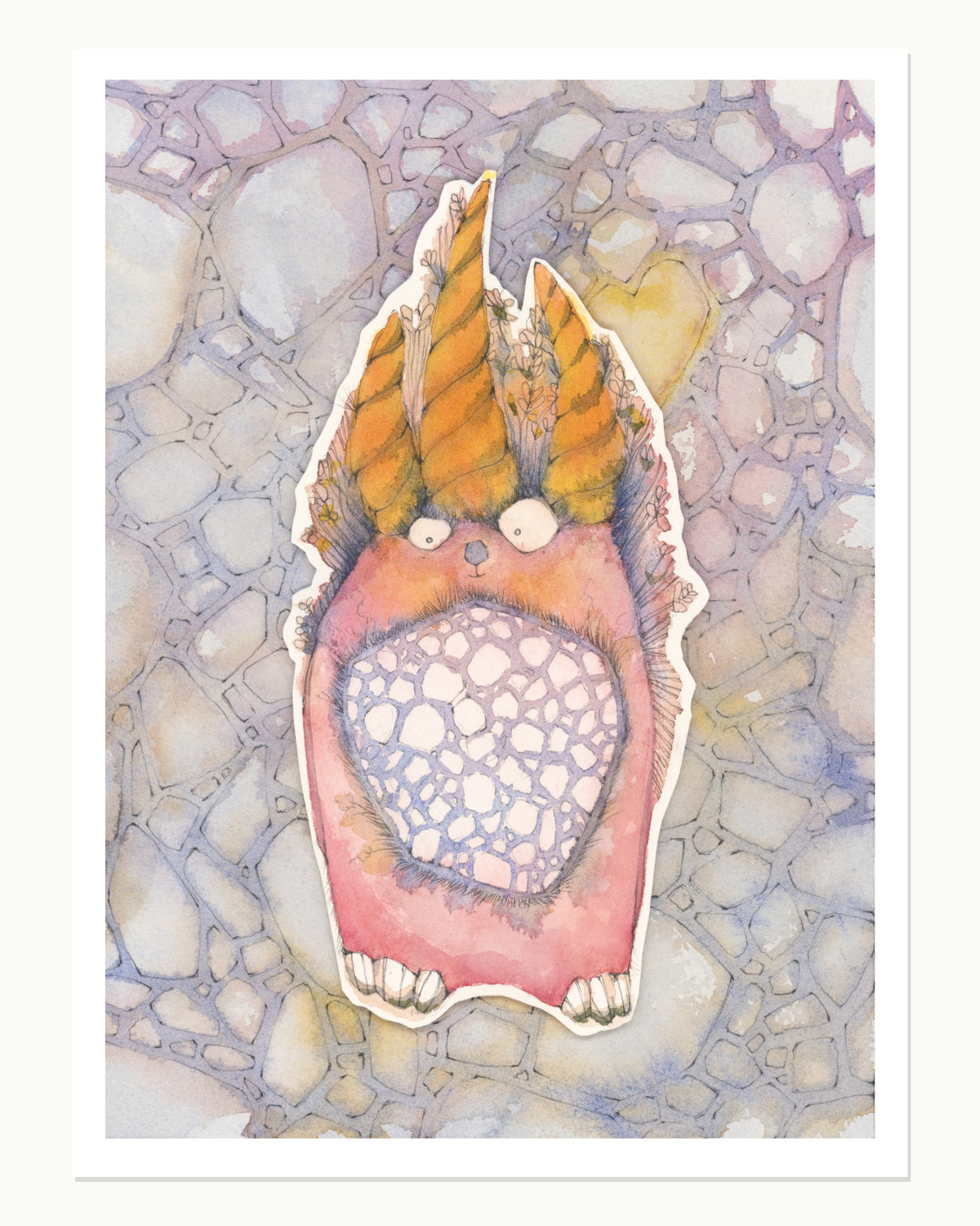 Original watercolor illustration of Bumbledumpling, a colorful horned monster layered over a painted stone-pattern background