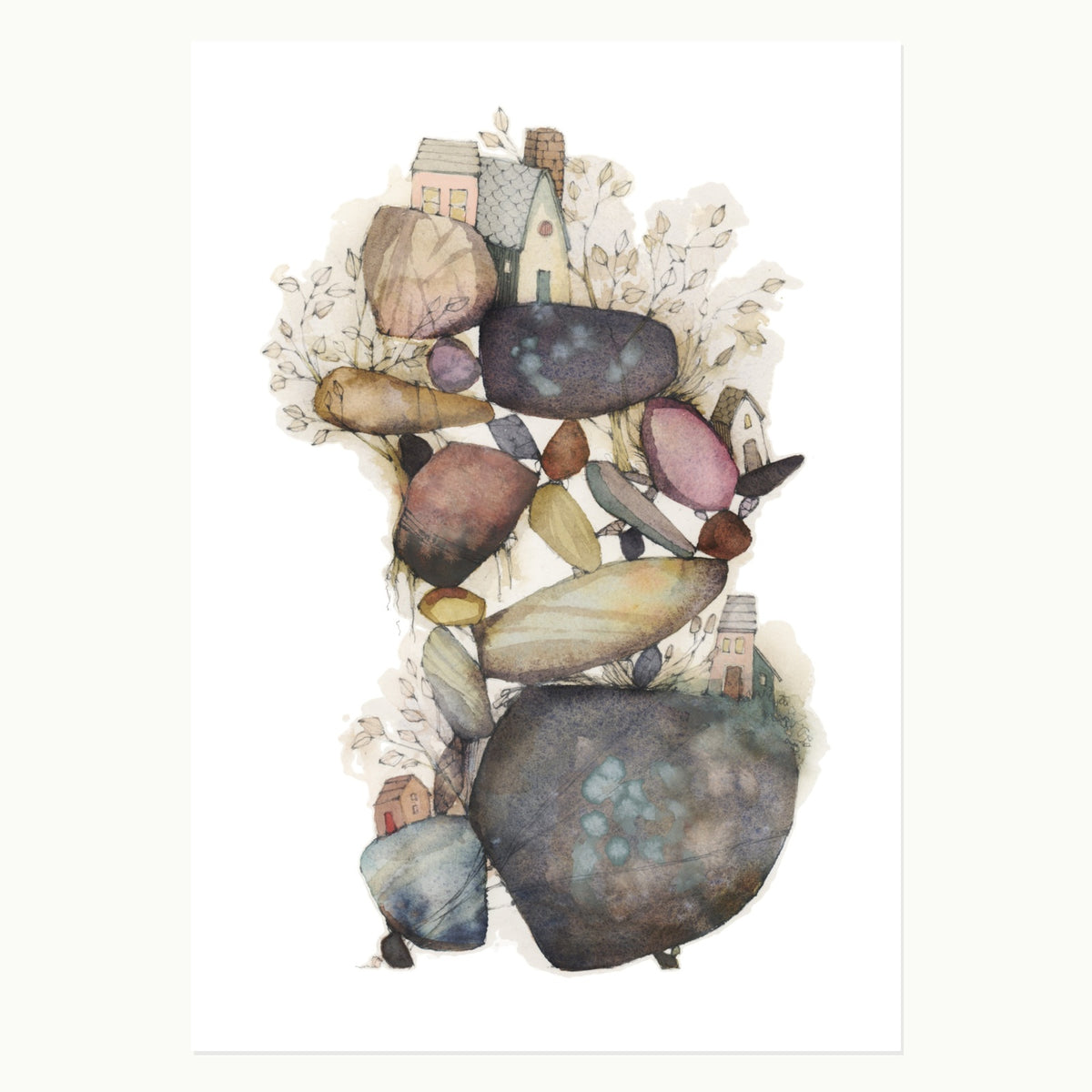 Original watercolor, pencil, and ink illustration of stacked stones with tiny cottages and leafy branches from the Stonesfell collection