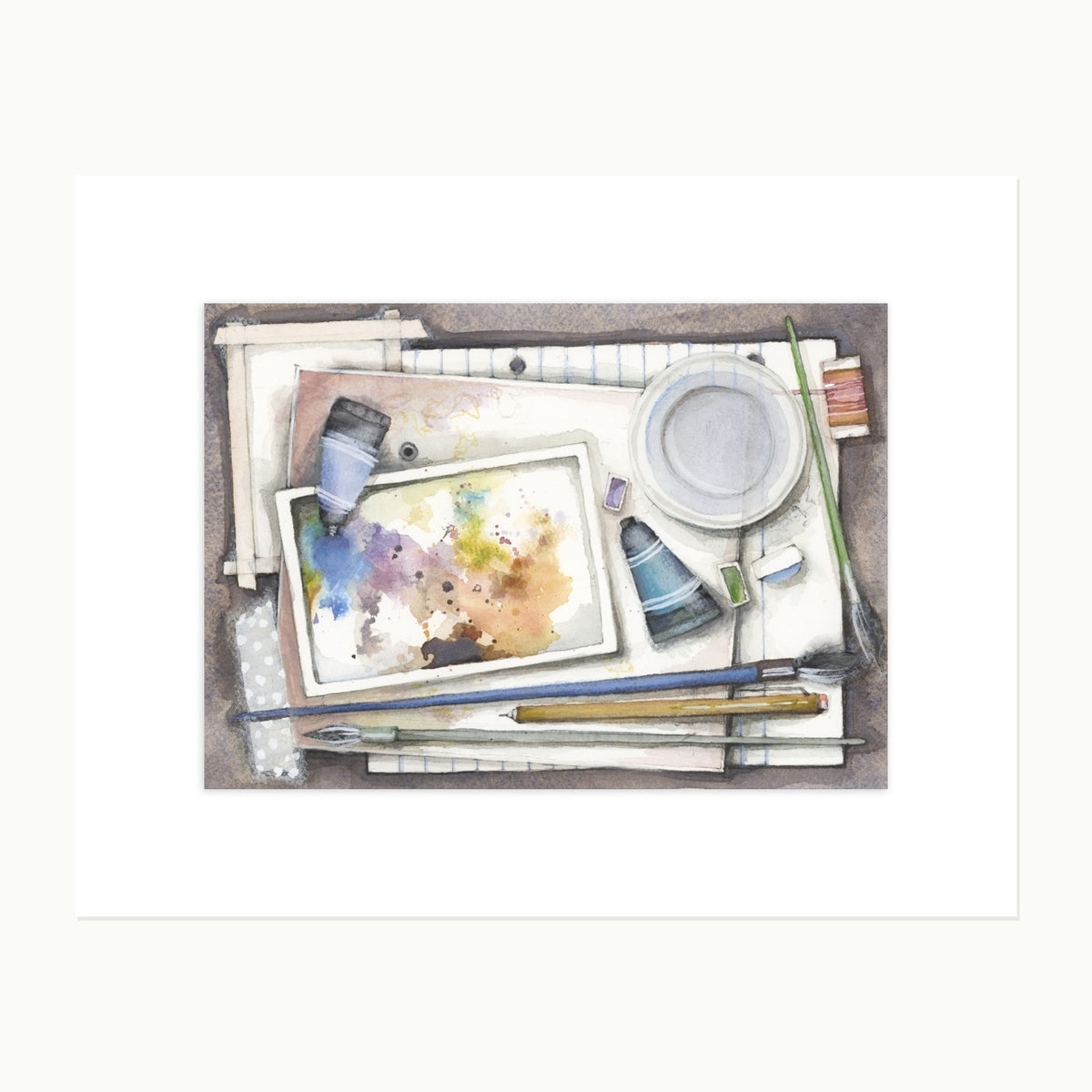 Danielle's Studio No. 1 original watercolor, pencil, and ink illustration of an artist's worktable