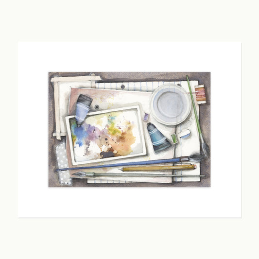 Danielle's Studio No. 1 original watercolor, pencil, and ink illustration of an artist's worktable