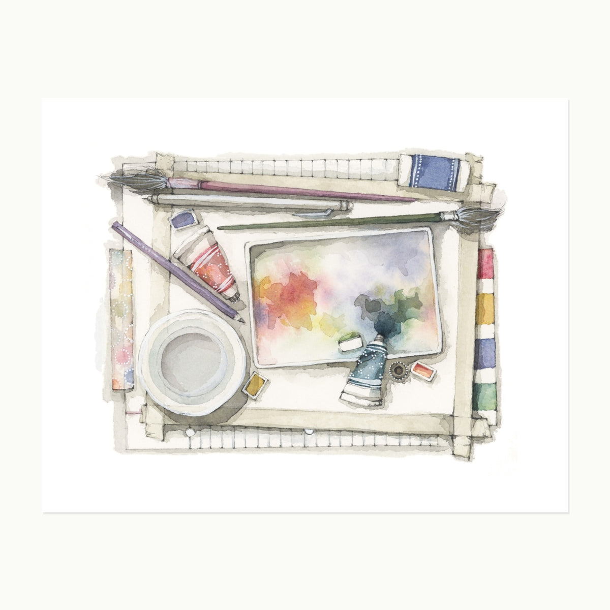 Danielle’s Studio No. 2 original watercolor, pencil, and ink illustration of an artist’s worktable with brushes, paint, palette, and water cup