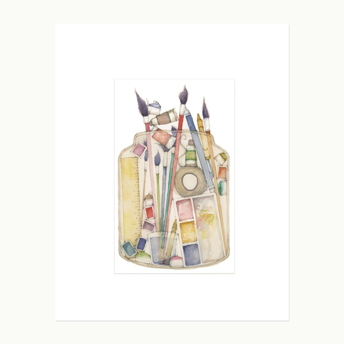 Danielle's Studio No. 6 original watercolor, pencil, and ink illustration of an artist's jar filled with brushes, pencils, paint, ruler, tape, and watercolor pans