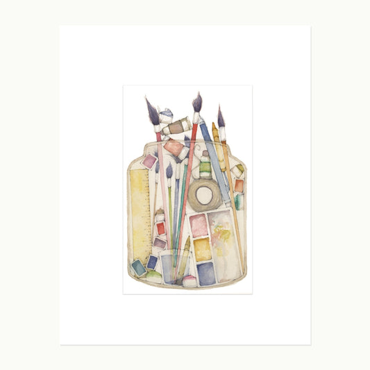 Danielle's Studio No. 6 original watercolor, pencil, and ink illustration of an artist's jar filled with brushes, pencils, paint, ruler, tape, and watercolor pans