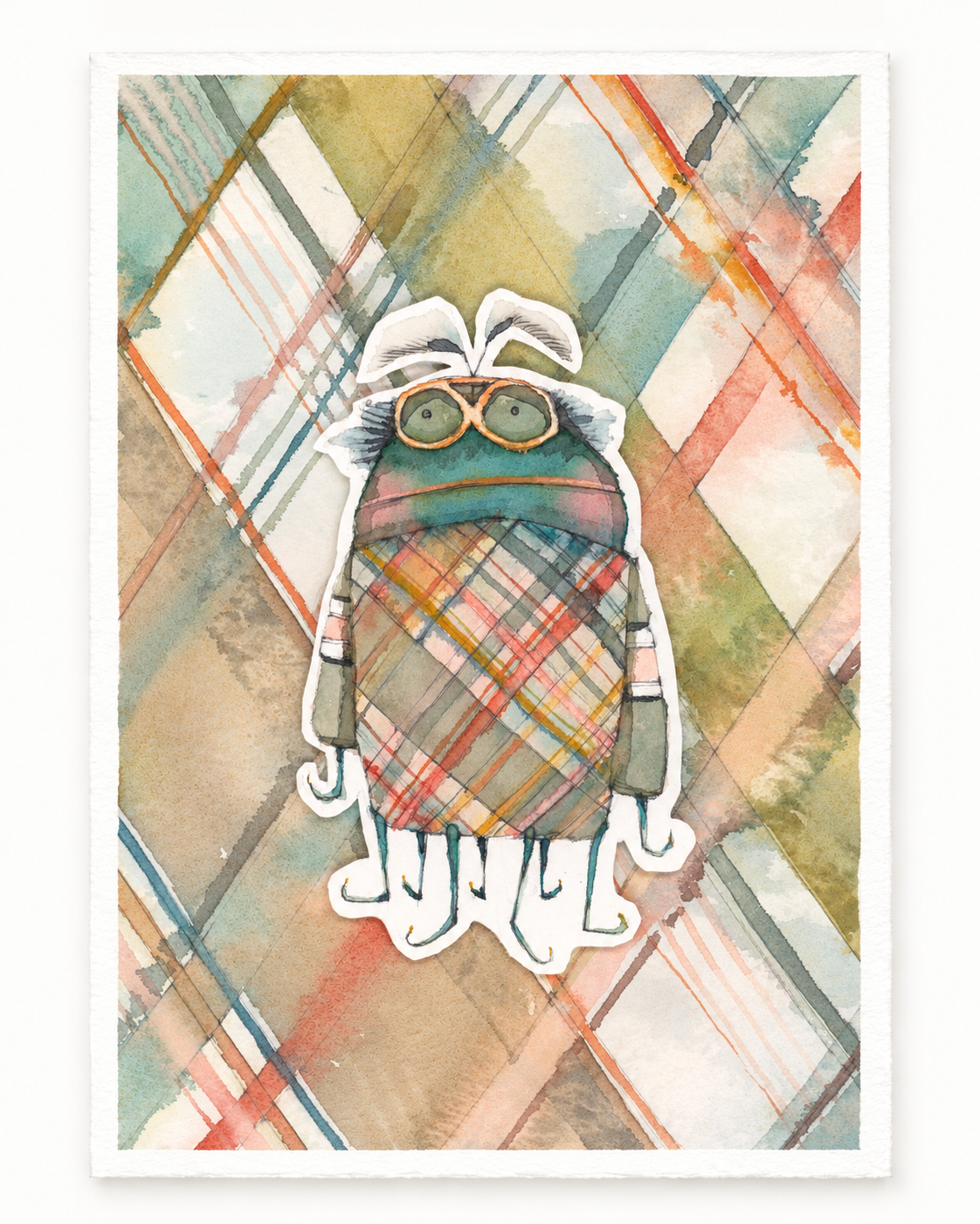 Original watercolor illustration of Drizzletart, a plaid-patterned monster on a painted plaid background