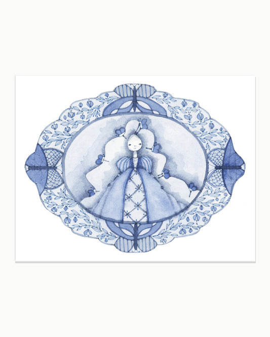 Original blue watercolor illustration of a storybook girl resting inside an ornate platter-inspired floral border on watercolor paper