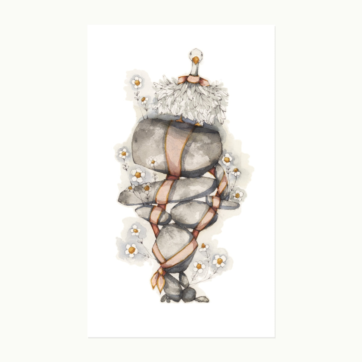 Original Stonesfell watercolor, pencil, and ink illustration of a fluffy goose perched on ribbon-wrapped stacked stones with daisies