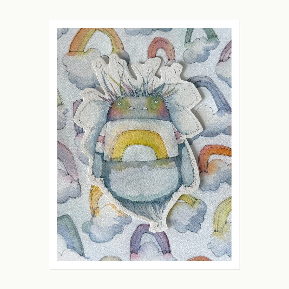 Original watercolor illustration of the Grumblemuffin course demonstration character with rainbow and cloud background