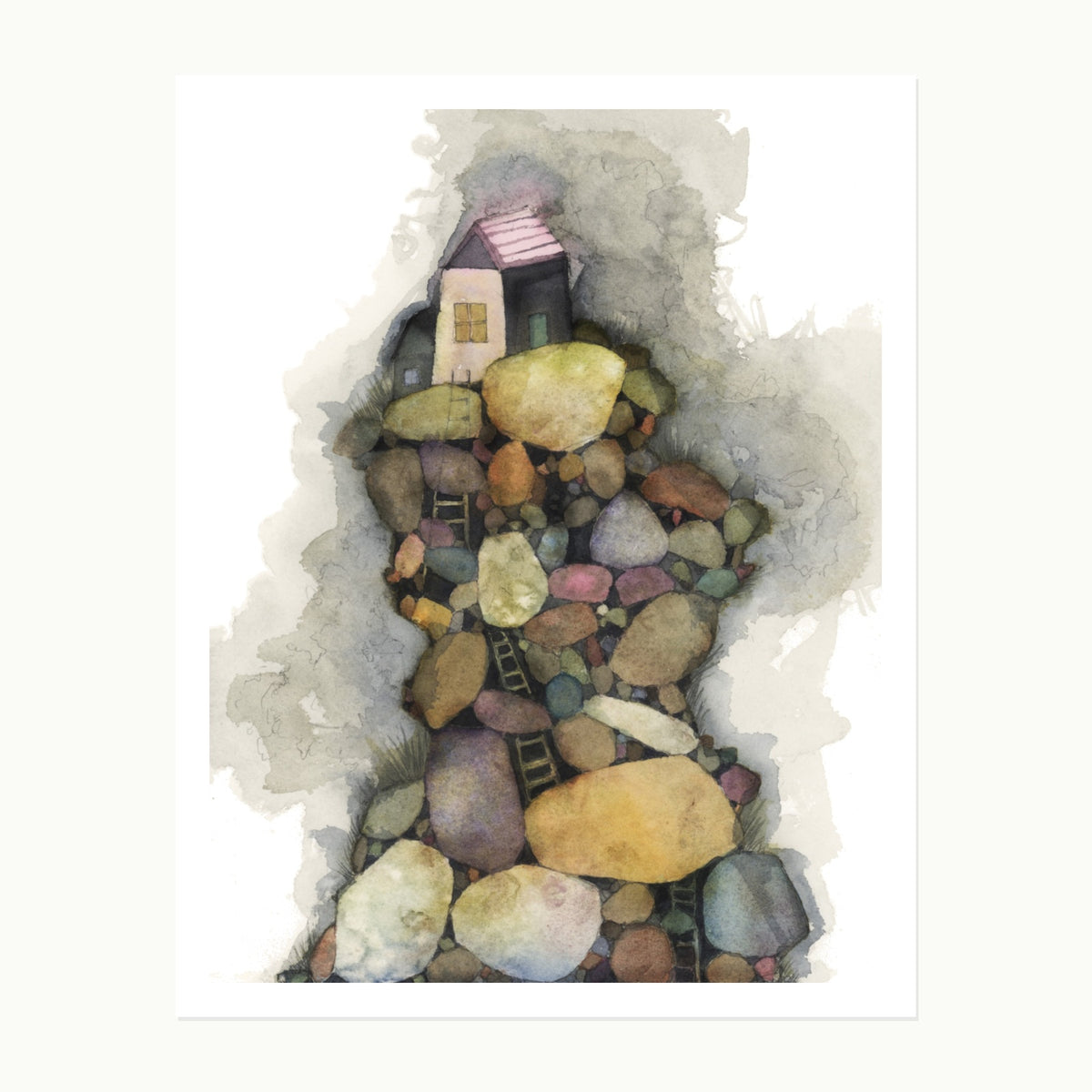 Original watercolor, pencil, and ink illustration of a tiny cottage perched above stacked stones and ladders from the Stonesfell collection