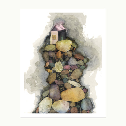 Original watercolor, pencil, and ink illustration of a tiny cottage perched above stacked stones and ladders from the Stonesfell collection