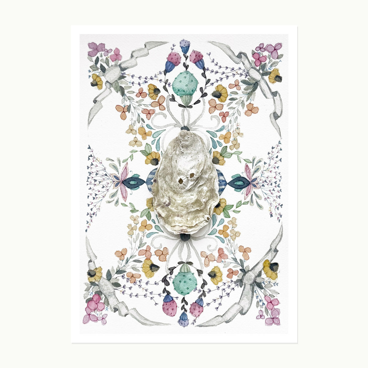 Pocketstories No. 2 Oyster Shell original watercolor with a one-of-a-kind mounted oyster shell