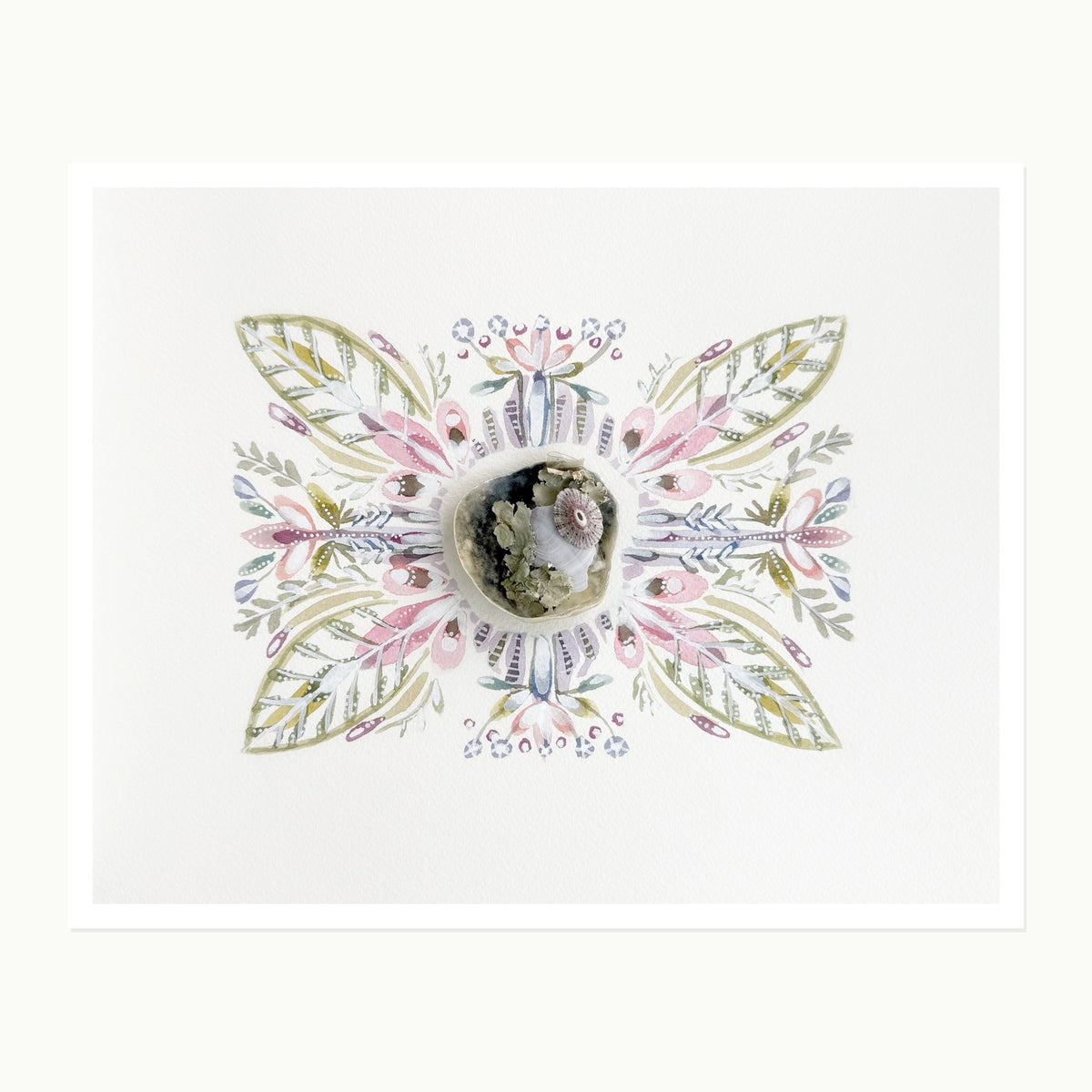 Pocketstories No. 6 — Abalone & Lichen, original dimensional watercolor artwork with mounted found shells and lichen
