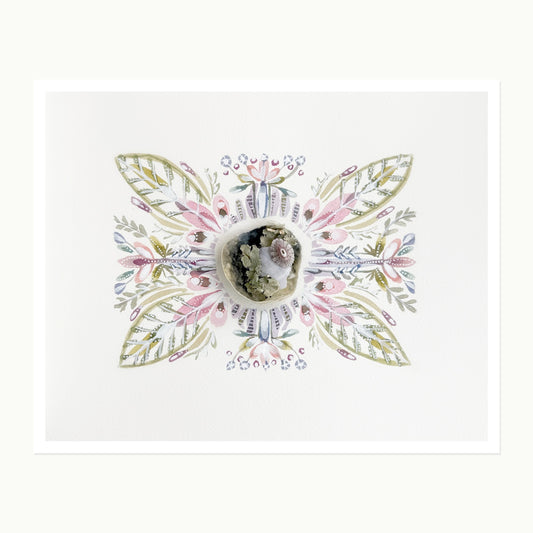 Pocketstories No. 6 — Abalone & Lichen, original dimensional watercolor artwork with mounted found shells and lichen
