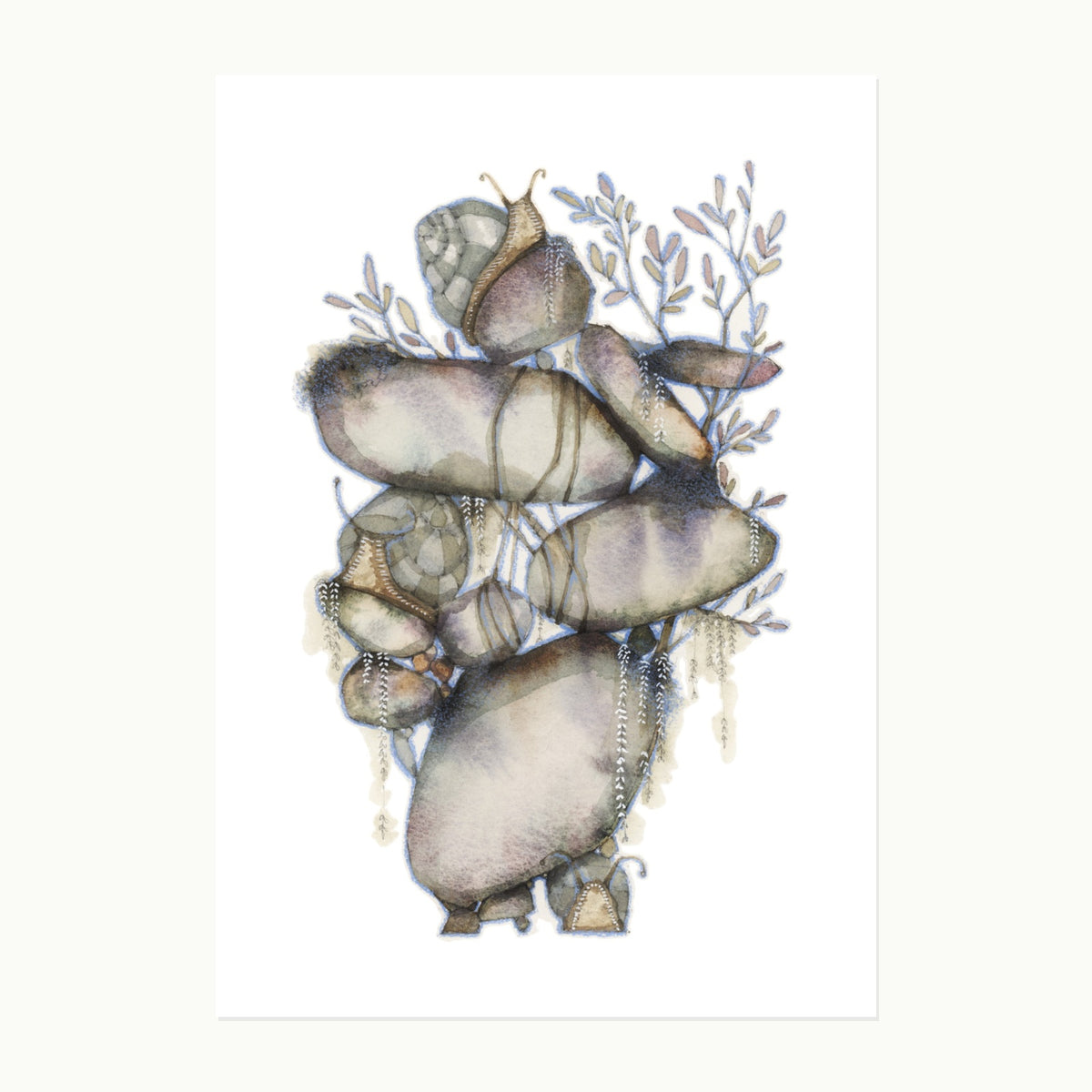 Original watercolor, pencil, and ink illustration of stacked stones with snails and leafy branches from the Stonesfell collection