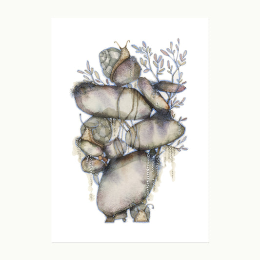 Original watercolor, pencil, and ink illustration of stacked stones with snails and leafy branches from the Stonesfell collection