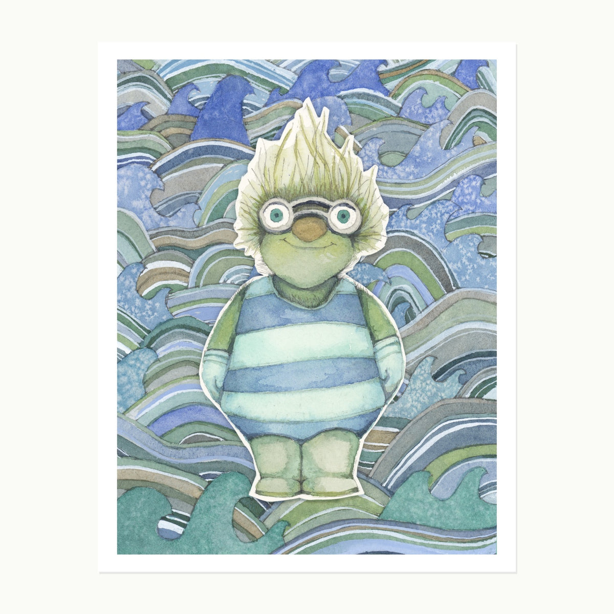 Original watercolor illustration of Snufflecrumble, a green and blue monster layered over a painted wave-pattern background