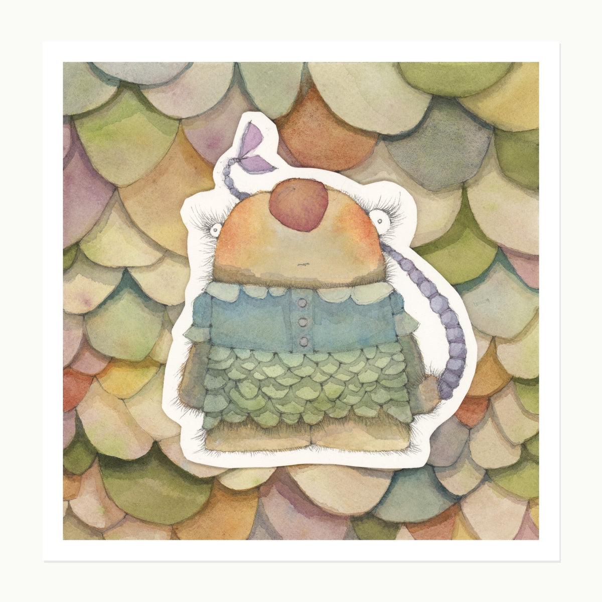 Original watercolor illustration of Snugglepie, a colorful Grumblemuffin character layered over a scalloped painted background