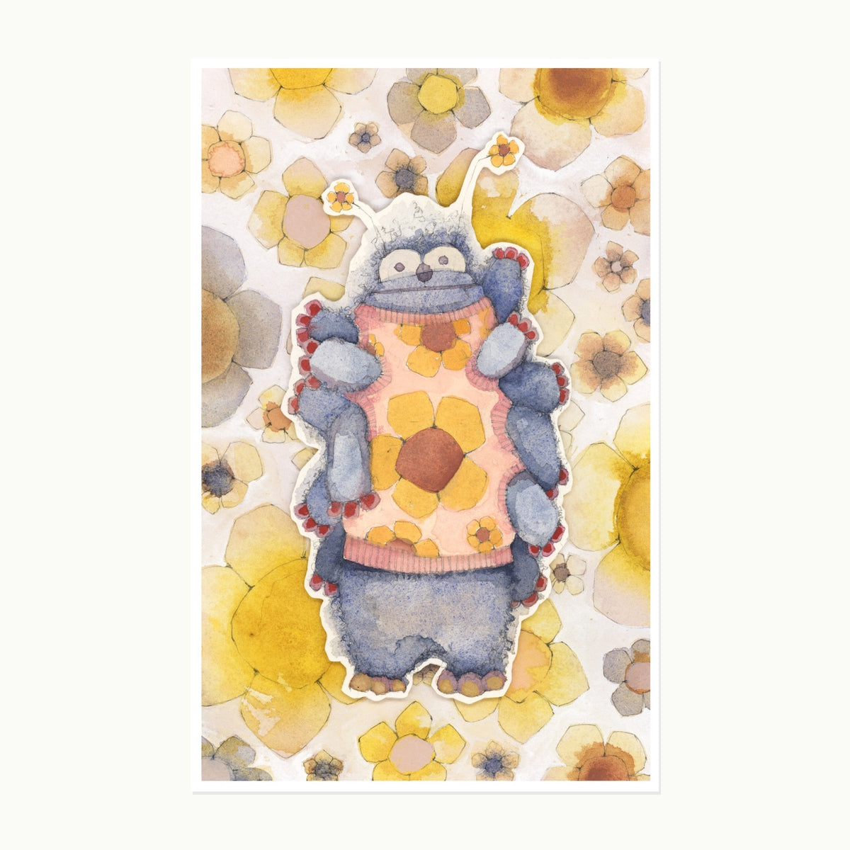 Original watercolor illustration of Sunshinefritter, a blue monster wearing a flower-patterned top on a painted floral background
