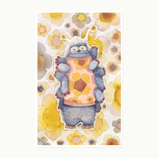 Original watercolor illustration of Sunshinefritter, a blue monster wearing a flower-patterned top on a painted floral background