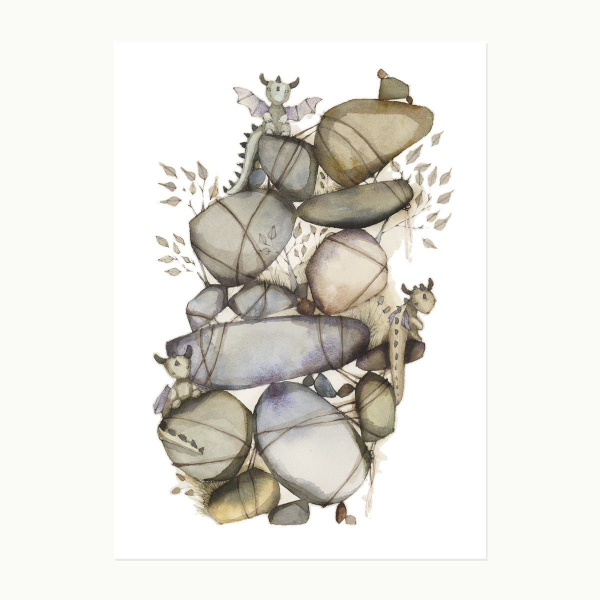 Original watercolor, pencil, and ink illustration of stacked stones with small dragons and leafy details from the Stonesfell collection