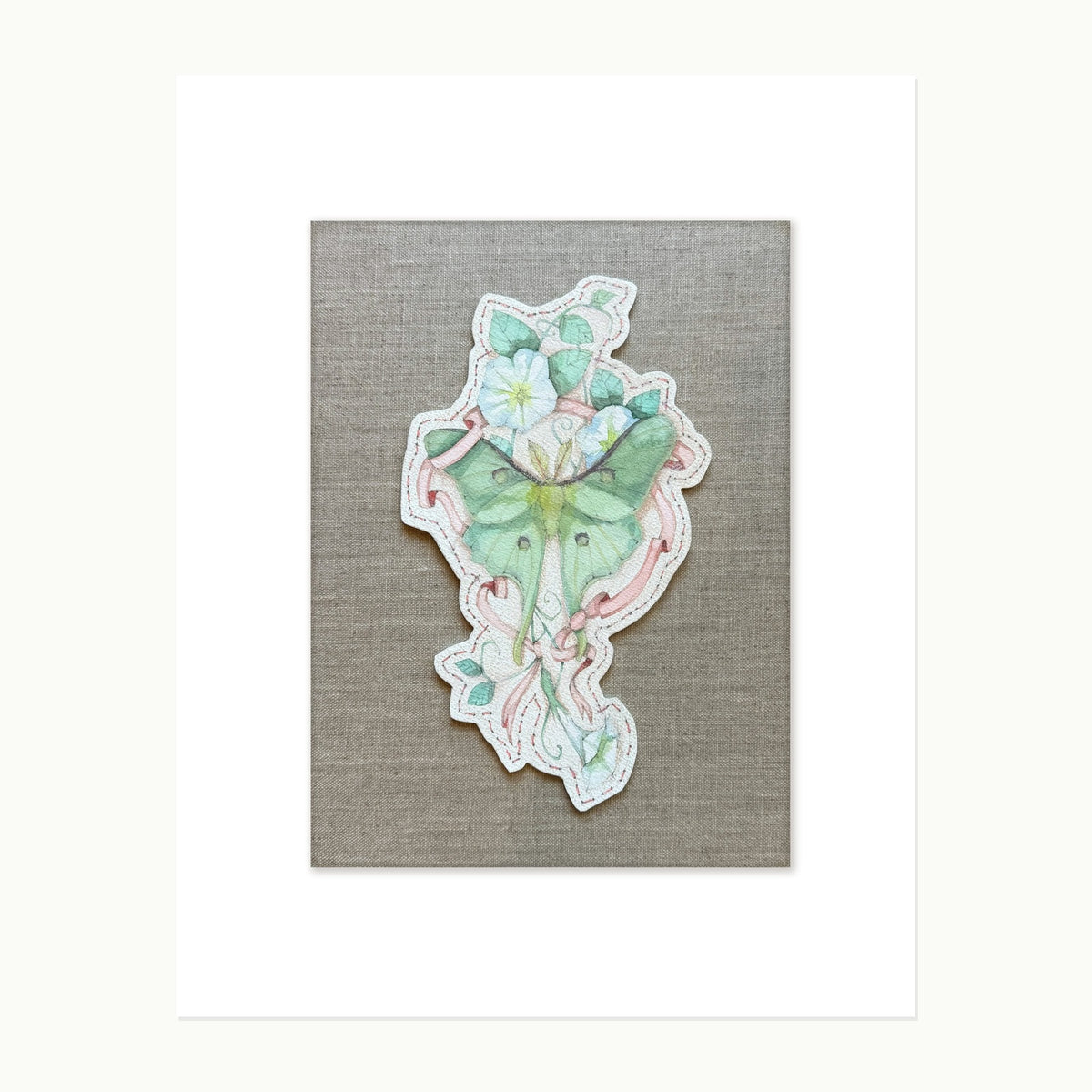 Threadedflight No. 2 — Lunar Moth & Moonflower, original mounted watercolor artwork on warm natural linen panel
