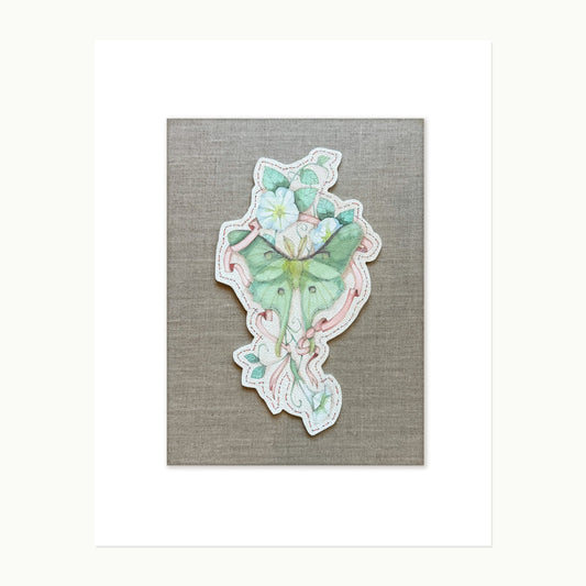 Threadedflight No. 2 — Lunar Moth & Moonflower, original mounted watercolor artwork on warm natural linen panel
