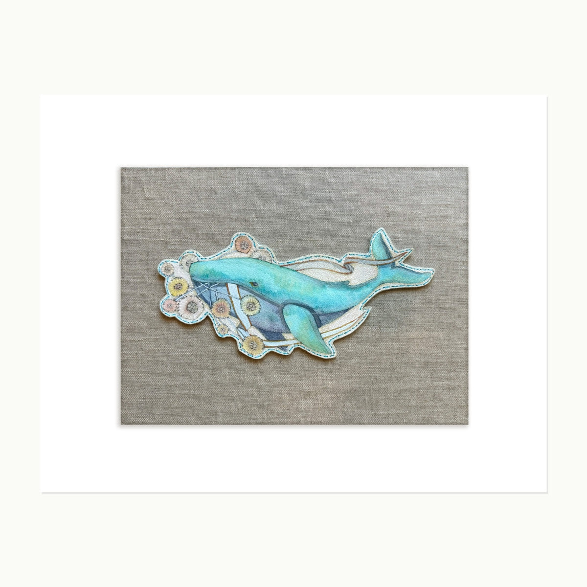 Threadedflight No. 4 — Whale & Wishflower, original mounted watercolor illustration on warm natural linen panel