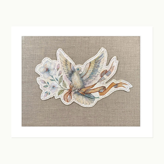 Threadedflight No. 5 — Mourning Dove & Mandevilla, original mounted watercolor artwork on warm natural linen panel
