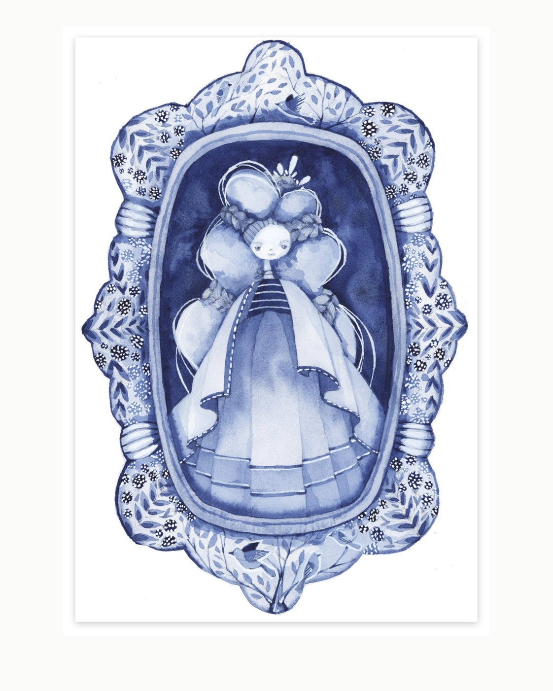 Original blue watercolor illustration of a storybook girl framed by an ornate platter-inspired border on watercolor paper
