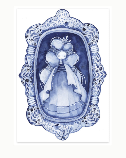 Original blue watercolor illustration of a storybook girl framed by an ornate platter-inspired border on watercolor paper