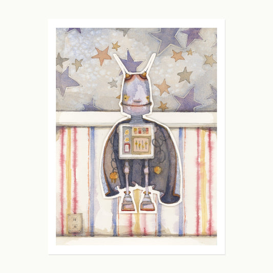 Original watercolor illustration of Wrigglebiscuit, a storybook robot-like character layered over a striped and star-patterned painted background